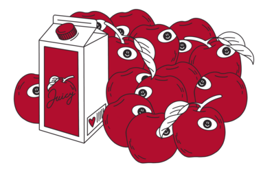Illustration of apples with smiling emojis and a juice box; by Stefanie Kreuzer, b13 GmbH (CC BY-SA 4.0)